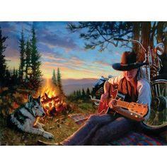 a painting of a man playing guitar next to a dog on the ground with a campfire in the background