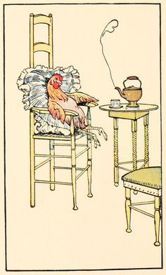 a drawing of a turkey sitting in a chair next to a table with a teapot on it