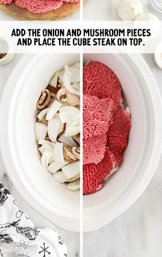 two pictures showing how to cut mushrooms and place the cube steak on top in a bowl