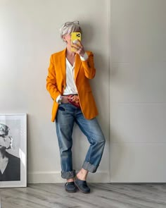 Added an orange jacket and scarf to yesterday’s relaxed blouse and jeans combo. Enjoy the sun today. 😁 Blazer @zara Jeans @hm Shoes… | Instagram Hm Shoes, Midlife Fashion, Blazer Zara, Mode Hippie, Orange Jacket, Cooler Look, Casual Work Outfits