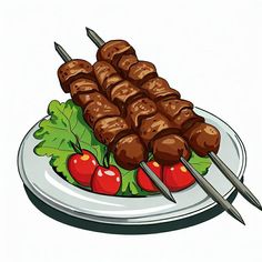 meat skewers on a plate with cherry tomatoes and lettuce next to them