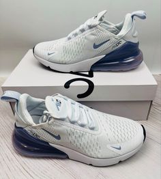 Nike W Air Max 270 'White Blue Whisper' Sneakers AH6789-121 Women's Size 8 Shipped the same day with USPS. Product Details Women's Nike Air Max 270 Shoes 1005-AH6789The Women's Nike Air Max 270 Shoes provide visible cushioning with every step. The Women's Nike Air Max 270 Shoes feature a throwback design inspired by the original 1991 Air Max 180. With an exaggerated tongue top and heritage logo, the Women's Nike Air Max 270 Shoes blend style and performance. The two-piece midsole on the Women's Nike Air Max 270 Shoes improves durability while the mesh elements allow your feet to breathe during long, warm runs. Complete with a large volume max air unit for cushion, you can trust the Women's Nike Air Max 270 Shoes to help you go the extra mile. Features Stretchy inner sleeve Two-piece midsol Nike Air Max 270 White And Blue, Blue Nike Air Max For Sports, Sporty Blue Nike Air Max For Running, Blue Nike Air Max Running Shoes, Air 270, Blue Synthetic Nike Air Max For Running, Womens Nike Air Max 270, Nike Airmax 270