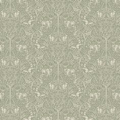 a green and white wallpaper pattern with flowers, leaves and animals on the side