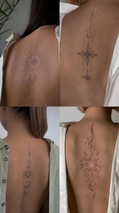 the back of a woman with tattoos on her upper and lower back, in four different positions