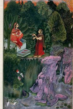 Lady (Radha) and Confidante in a Forest (The Beloved Waits). Opaque watercolor, gold and metallic gray watercolor on paper, Rajasthan, Bundi, mid 18th century Pahari Painting, Hindu Paintings, Lake Date, Radha And Krishna, Harvard Art Museum, Tree Sunset