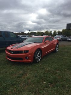 a red sports car parked on top of a lush green field