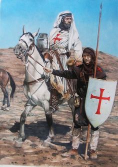 a painting of a man riding on the back of a white horse next to a knight