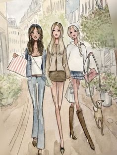 three women are walking down the street with shopping bags