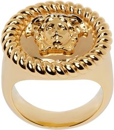 Signet ring in gold-tone brass. Signature Medusa at face. Supplier color: Versace gold Luxury Gold-tone Brass Rings, Medusa Ring, Versace Ring, Versace Gold, Mens Gold Rings, Signet Ring, Yellow Gold Rings, Vintage Rings, Vintage Men