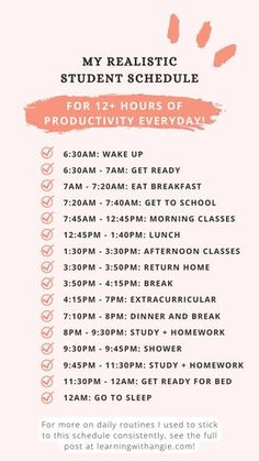 a pink poster with the words, my realistic student schedule for 12 hours of production every day