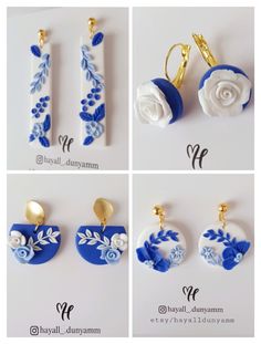 four different pictures of earrings with blue and white flowers on them, one is for the ear