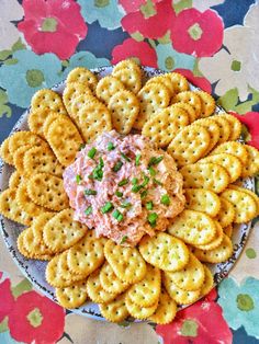 crackers arranged on a plate with dip and garnished with green onions are the perfect appetizer for any party