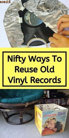 an old vinyl record sitting on top of a table next to a box with the words nifty ways to reuse old vinyl records