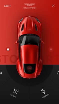 an overhead view of a red sports car on a black and red background with icons