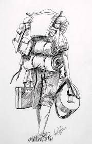 a black and white drawing of a person carrying luggage