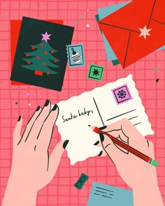 two hands writing on a piece of paper surrounded by christmas decorations and envelopes that read, saturday