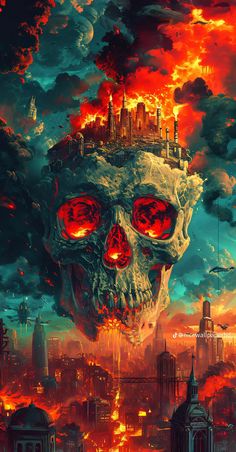 a painting of a skull with red eyes in front of a city skyline at night