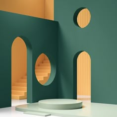 there is a green wall with arches and stairs in the room that looks like it has been designed to look like an arch