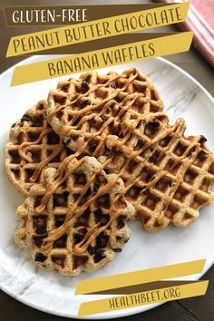 three waffles on a plate with peanut butter chocolate