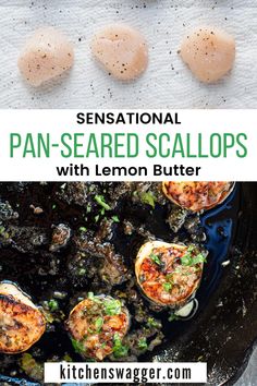 pan - seared scallops with lemon butter in a cast iron skillet