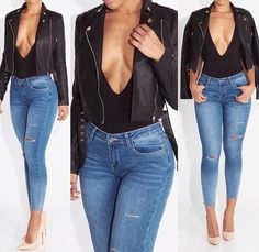 Body suit and jeans with moto jacket Body Suit And Jeans Outfits, Jeans And Bodysuit, Outfits Jeans, Jeans Outfits, Body Suit Outfits, Cute Swag Outfits, Swag Outfits