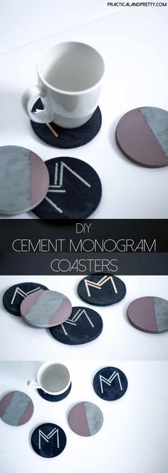 some black and white coasters with the word cement monogramm on them