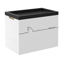 a white box with a black lid that says shark week