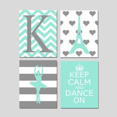 four wall art prints featuring the eiffel tower, keep calm and dance on