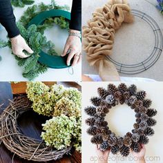 four different wreaths with pine cones and other decorations