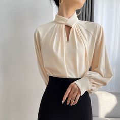 French Stand Collar Women Light Ripening Solid Color Shirt 2024 Design Spring Tender Grace Hollow Formal Outfits With Pants, Loose Dress Pattern, Valentine Fashion, Stand Collar Blouse, Chocolate Fashion, Formal Tops, Business Casual Shirts, Womens Clothing Patterns, Shirt Blouses Women's