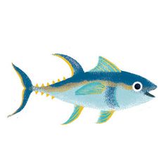 a blue and yellow fish on a white background