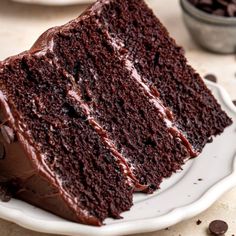 a slice of chocolate cake on a white plate