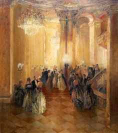 an oil painting of people in formal dress at a ball with chandeliers on the ceiling