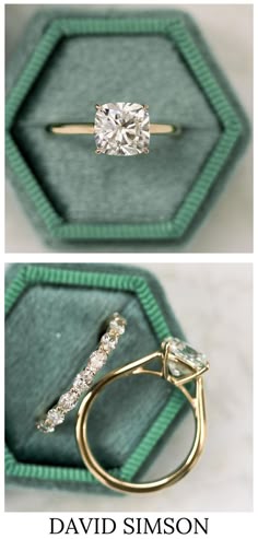 two different views of an engagement ring in a box with the same diamond on it