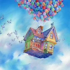 a house floating in the air with many balloons attached to it's roof and birds flying around