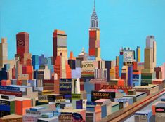 a painting of a cityscape with many different buildings and signs on the sides