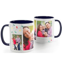 two coffee mugs that have photos on them