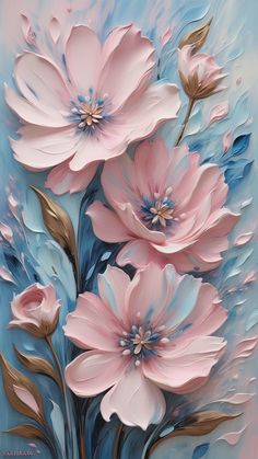 a painting of pink flowers on a blue background