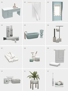 bathroom furniture and accessories are arranged in the shape of an assortment of different shapes, sizes and colors