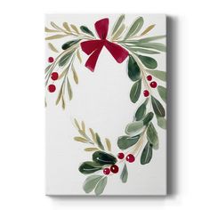 a christmas wreath painted on a white canvas with red bows and green leaves around it