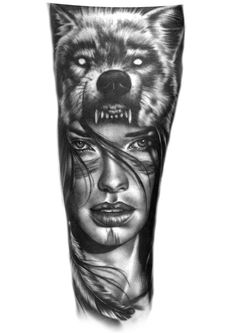 a black and white photo of a woman with a wolf's face on her leg