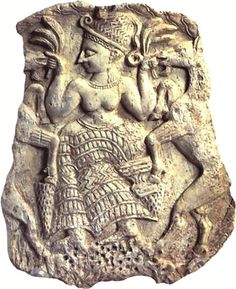 an ancient stone plaque with a woman holding a bird on it's shoulder and another figure in the background