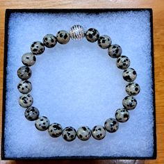 Handmade Dalmatian Jasper Stone Bracelet Made With Dalmatian Jasper Stones And Metal Beads. Fits Average Size Wrists. Has Stretch Room. Jasper Is A Stone Of Tranquility And Confidence. Box Included Free. New And Unused Item. Contact Me With Any Offers. Dalmatian Jasper, Jasper Stone, Dalmatian, Metal Beads, Stone Bracelet, Black Cream, Womens Jewelry Bracelets, Bracelet Making, Women Jewelry