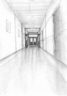 a drawing of a long hallway with two doors on each side and another door at the end