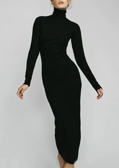 Designed for a slim fit, this maxi turtleneck dress is perfect for everyday wear. A simple piece... Turtle Neck Dress Outfit, Black Turtleneck Dress, Long Sleeve Turtleneck Dress, Turtleneck Dress, Black Dress With Sleeves, Black Turtleneck, Long Sleeve Turtleneck, Turtle Neck Dress, Chic Dress