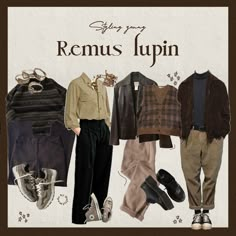 Sirius Outfit Aesthetic, Female Remus Lupin Outfit, Remus Lupin Lookbook, Marauders Style Outfits, Remus Lupin Summer Outfit, Marauders Outfit Ideas, Marauders Moodboards, Remus Lupin Outfit Aesthetic, Marauders Inspired Outfits