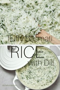 rice with dill in a pan and on a plate next to the same image