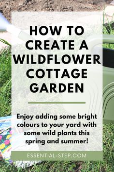 a garden with green lawn chairs and flowers in the grass, text overlay reads how to create a wildflower cottage garden