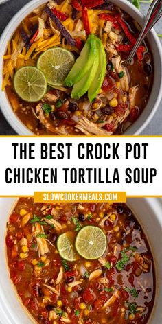 Close up of crock pot chicken tortilla soup in a bowl and in a slow cooker. Chicken Tortilla Soup Crock Pot, Chicken Tortillas Soups Recipe, Crockpot Soup Recipes, Soup Recipes Slow Cooker, Winter Evening, Chicken Tortilla Soup, Chicken Tortilla, Crock Pot Soup, Tortilla Soup