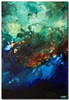 an abstract painting with blue and green colors